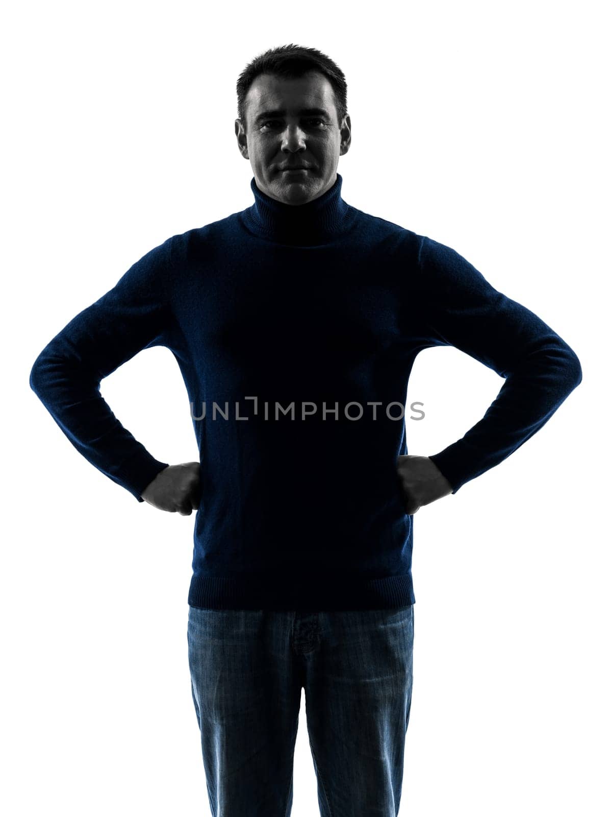 one caucasian man sitting on the telephone  in silhouette studio isolated on white background
