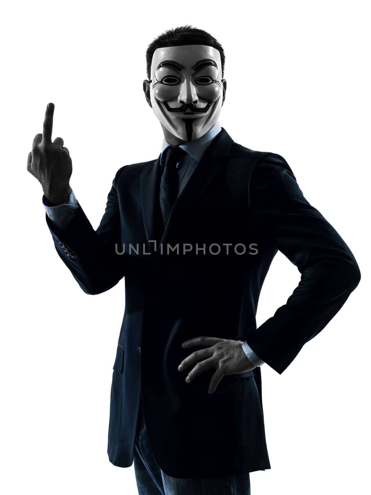 PARIS– OCTOBER 30 : one man dressed and masked as a  member of Anonymous underground group pointing finger on October 30, 2012 in Paris ,France