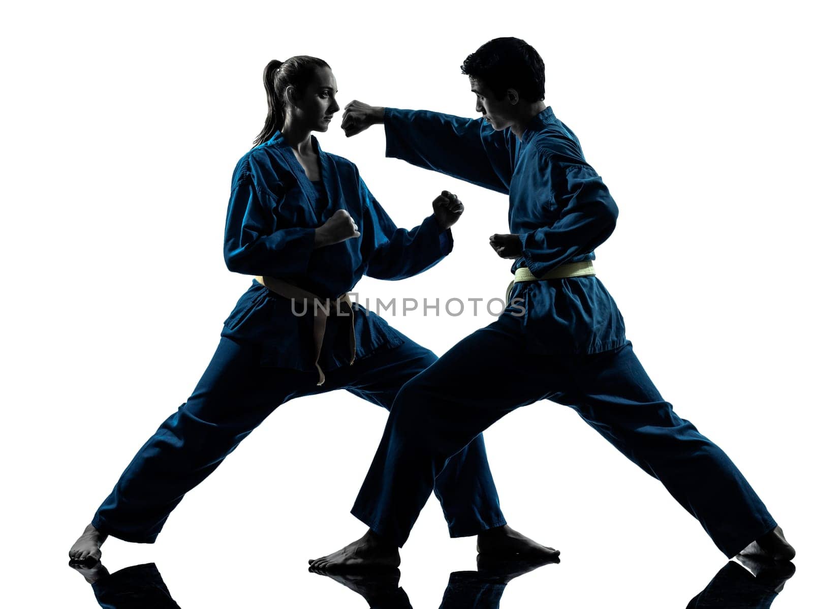 one  man woman couple exercising karate vietvodao martial arts in silhouette studio isolated on white background