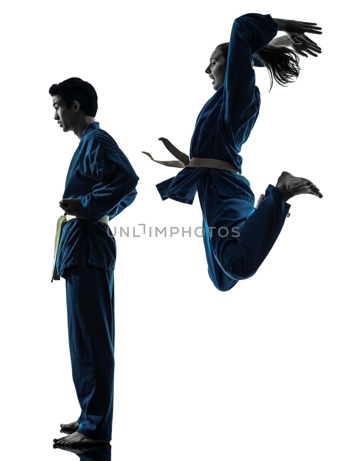 one  man woman couple exercising karate vietvodao martial arts in silhouette studio isolated on white background