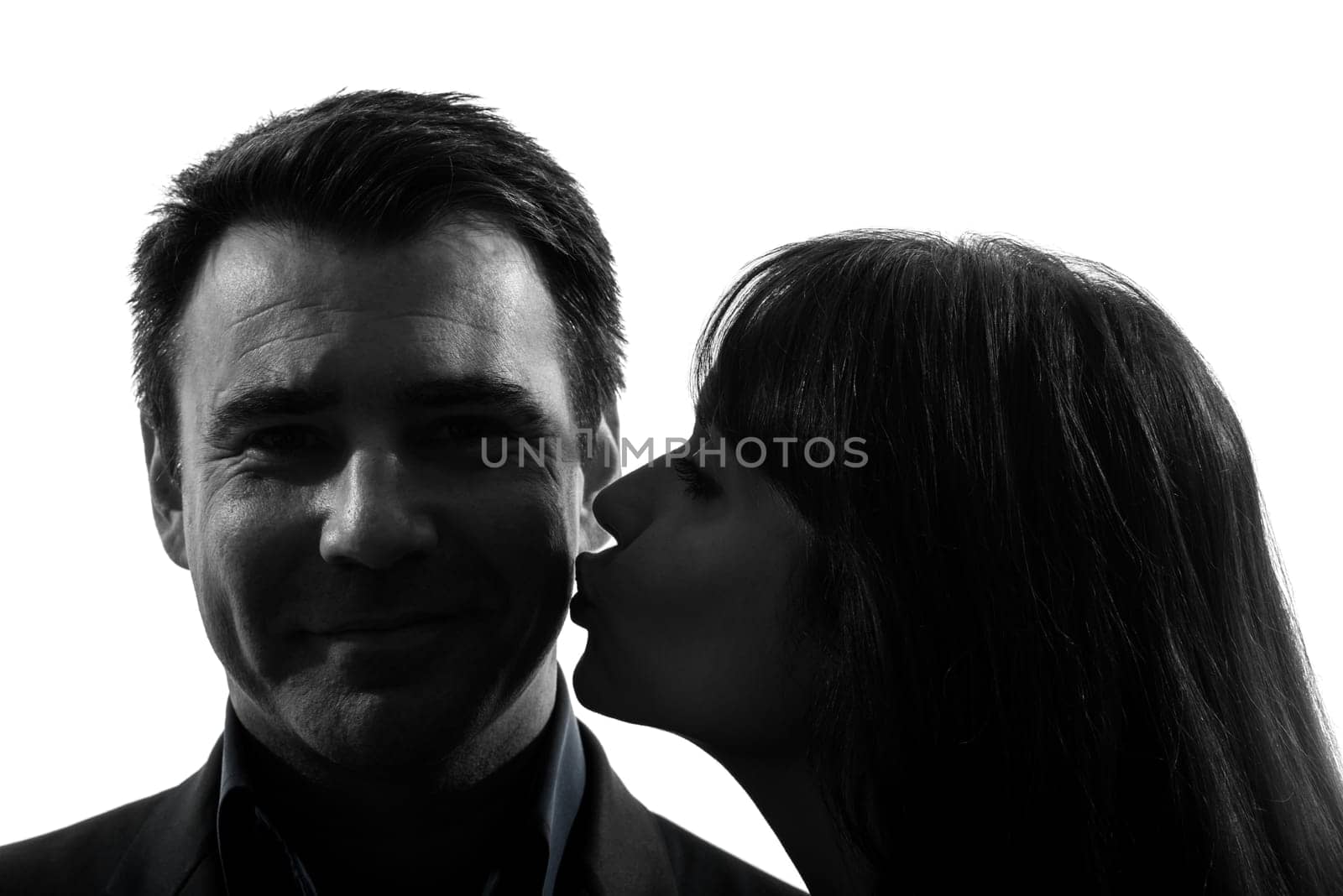 one caucasian couple woman man close up portrait  in silhouette studio isolated on white background