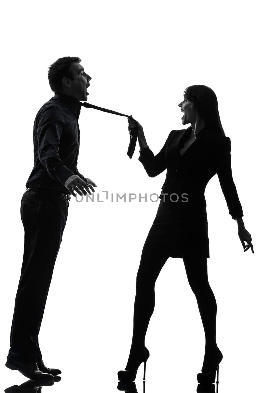one caucasian couple woman seductress bonding concept  in silhouette studio isolated on white background