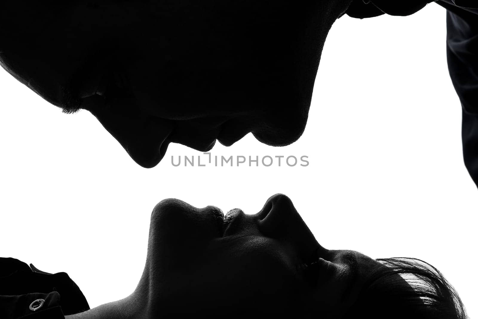 one caucasian couple woman man close up portrait  in silhouette studio isolated on white background