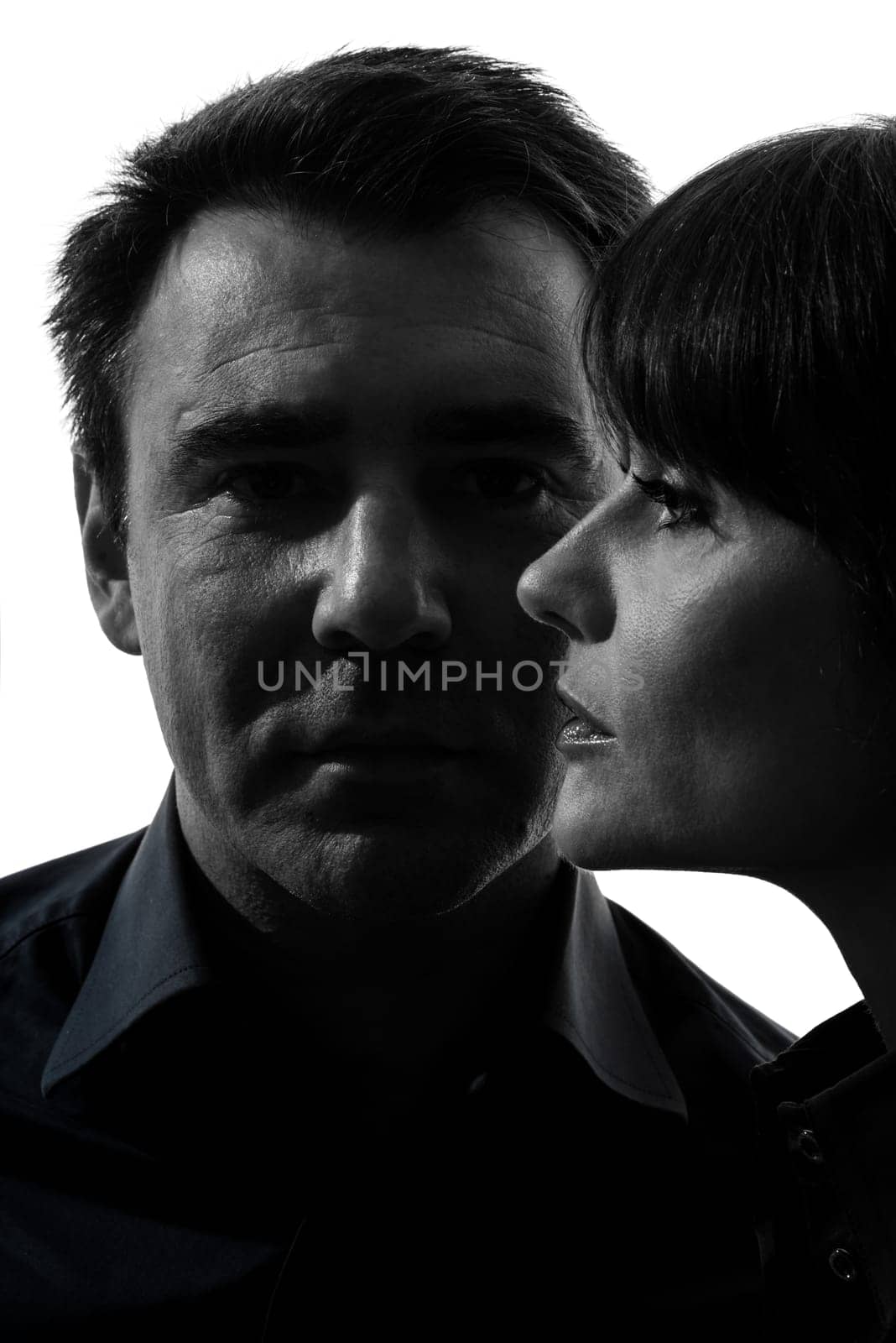 one caucasian couple woman man close up portrait  in silhouette studio isolated on white background