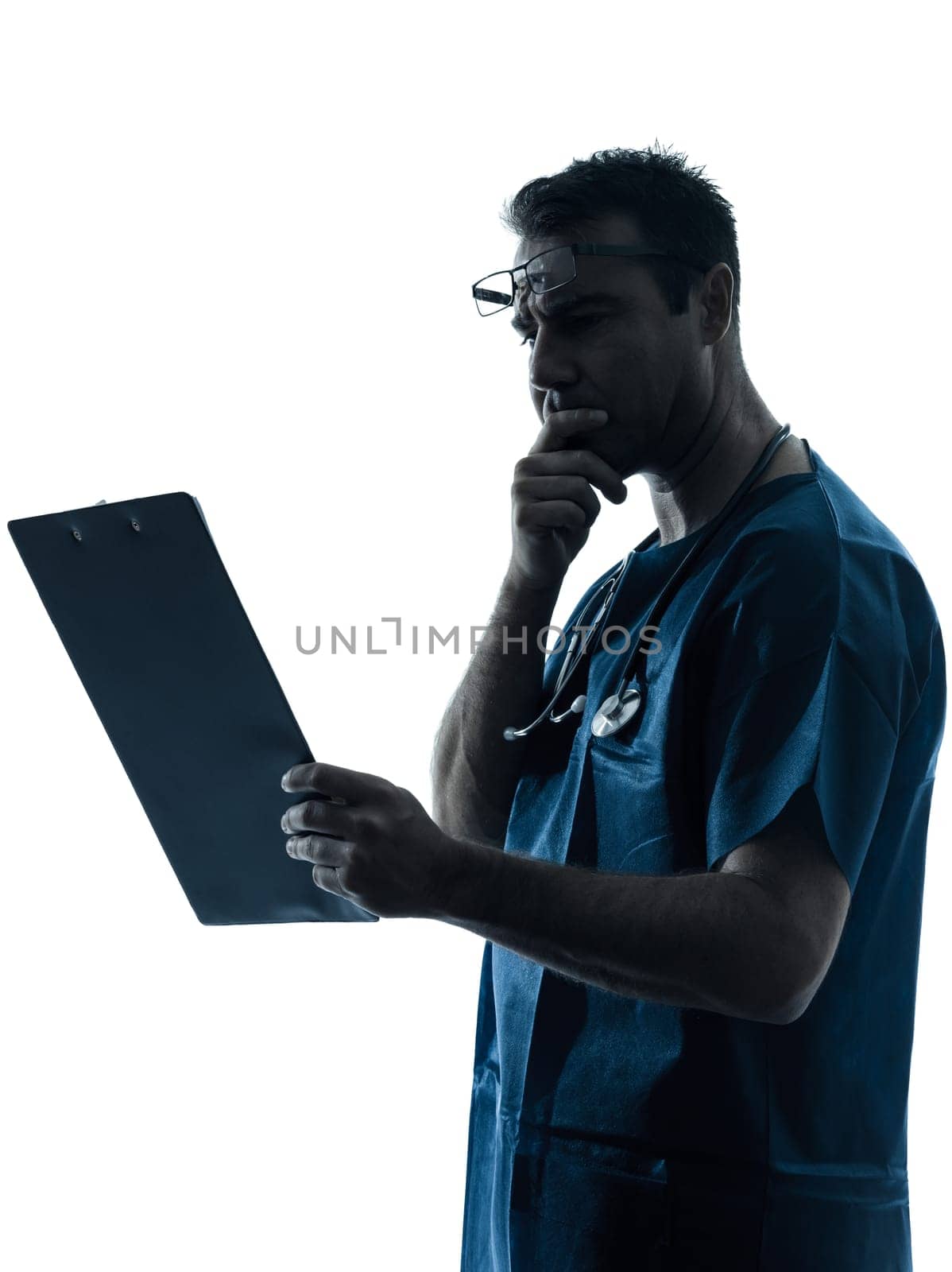 one caucasian man doctor surgeon radiologist medical worker silhouette isolated on white background