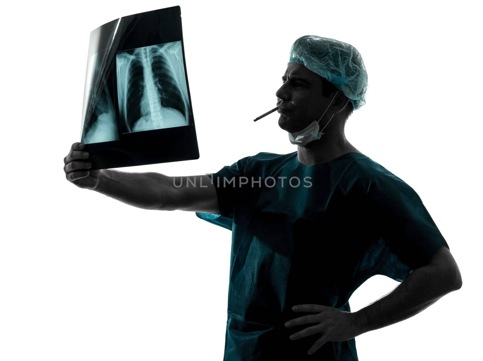 one caucasian man doctor surgeon radiologist medical worker silhouette isolated on white background