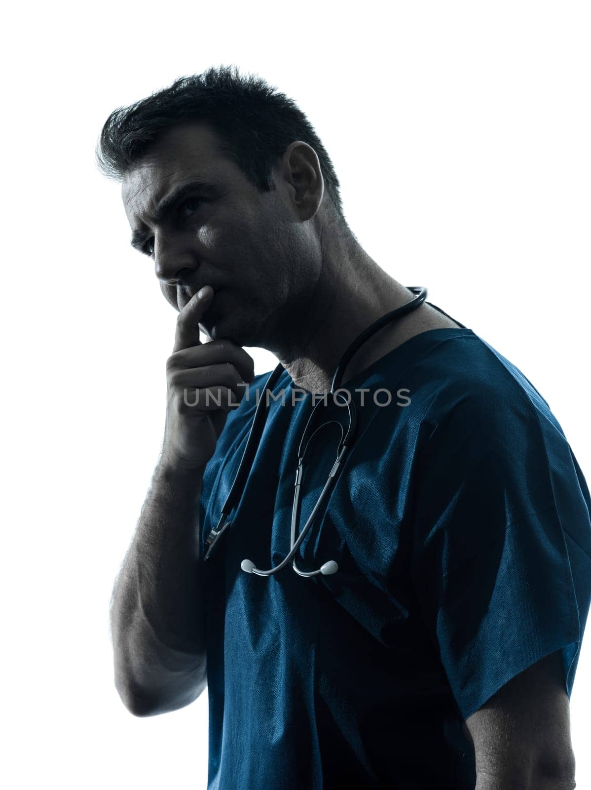 one caucasian man doctor surgeon medical worker  thinking pensive silhouette isolated on white background