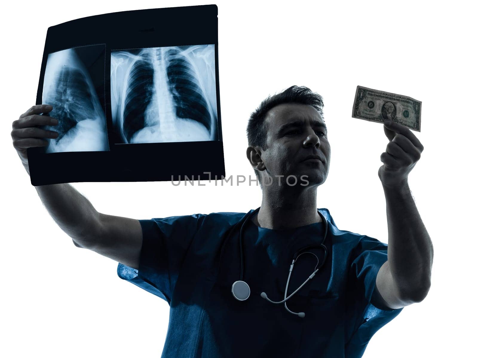 one caucasian man doctor surgeon medical worker  thinking pensive silhouette isolated on white background