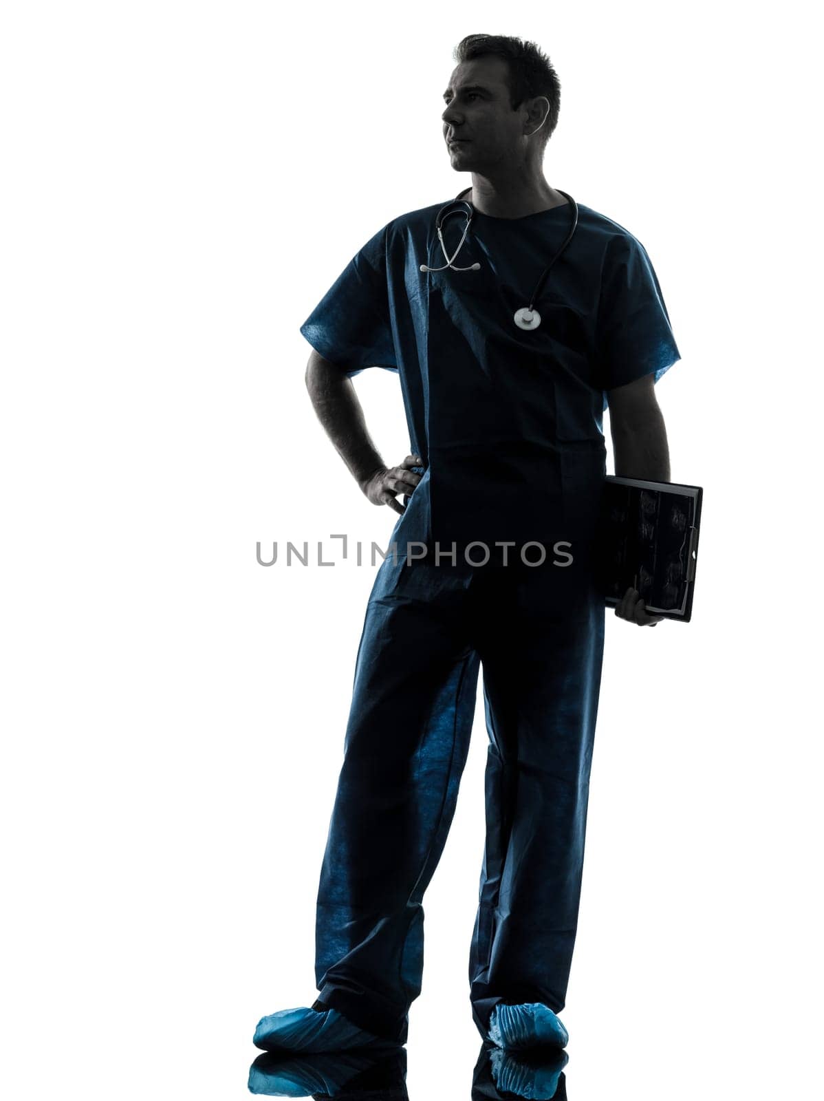 one caucasian man doctor surgeon medical worker  thinking pensive silhouette isolated on white background