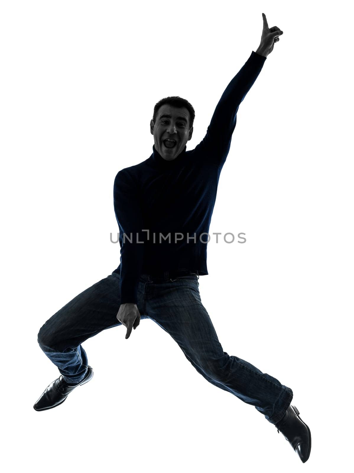 one causasian man full length in silhouette studio isolated on white background