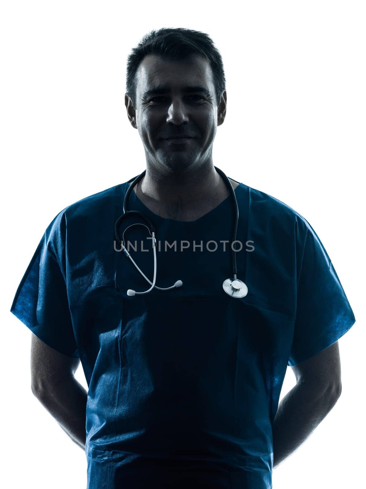 one caucasian man doctor surgeon medical worker  thinking pensive silhouette isolated on white background