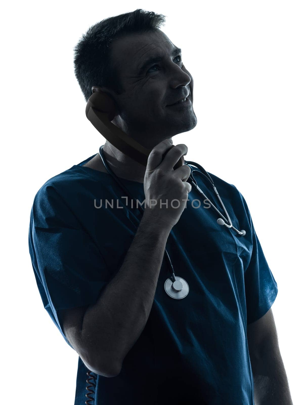 one caucasian man doctor surgeon medical worker  thinking pensive silhouette isolated on white background