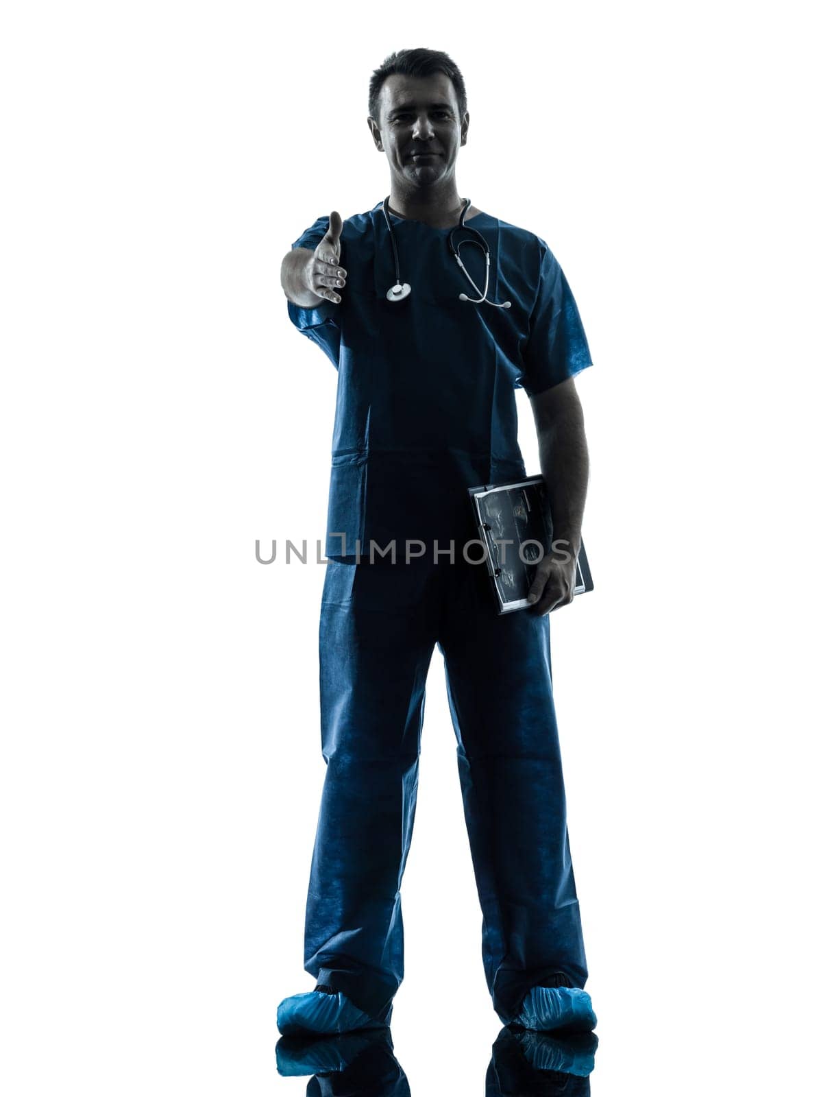 one caucasian man doctor surgeon medical worker  thinking pensive silhouette isolated on white background