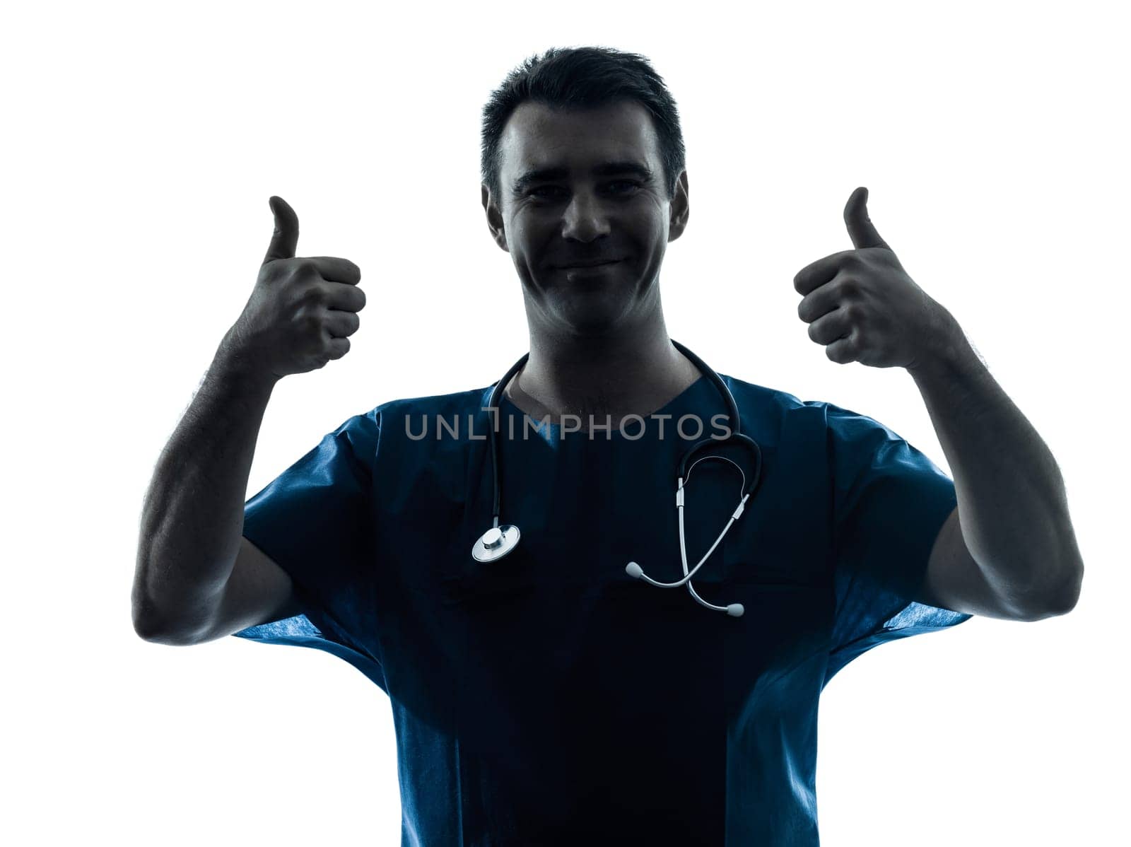 one caucasian man doctor surgeon medical worker  thinking pensive silhouette isolated on white background