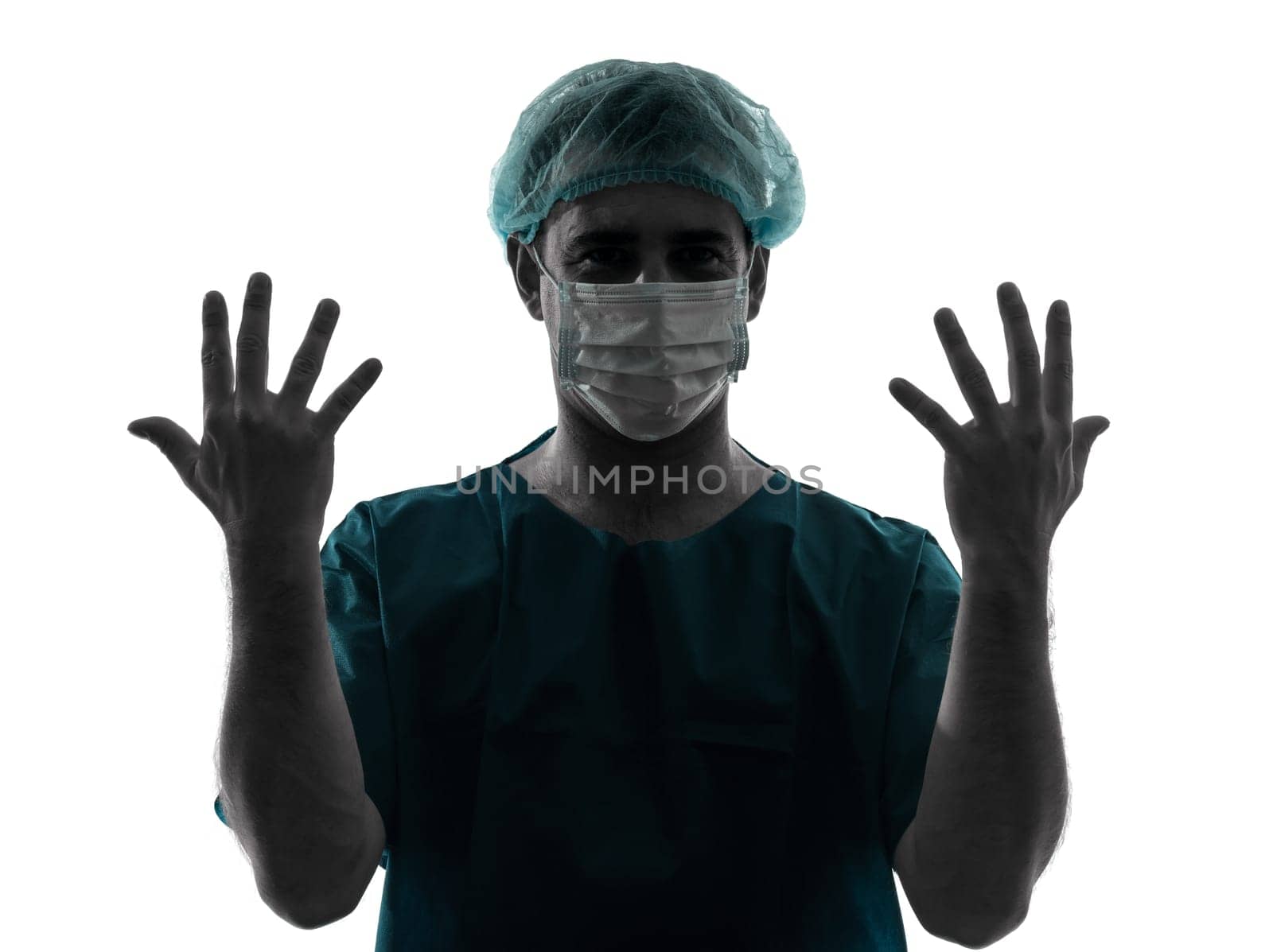 one caucasian man doctor surgeon radiologist medical worker silhouette isolated on white background