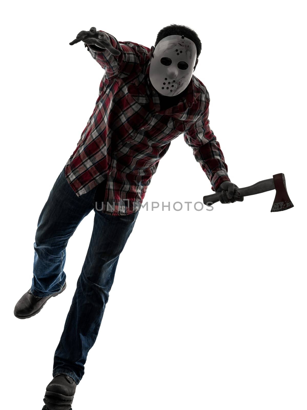 one causasian man serial killer with mask full length in silhouette studio isolated on white background