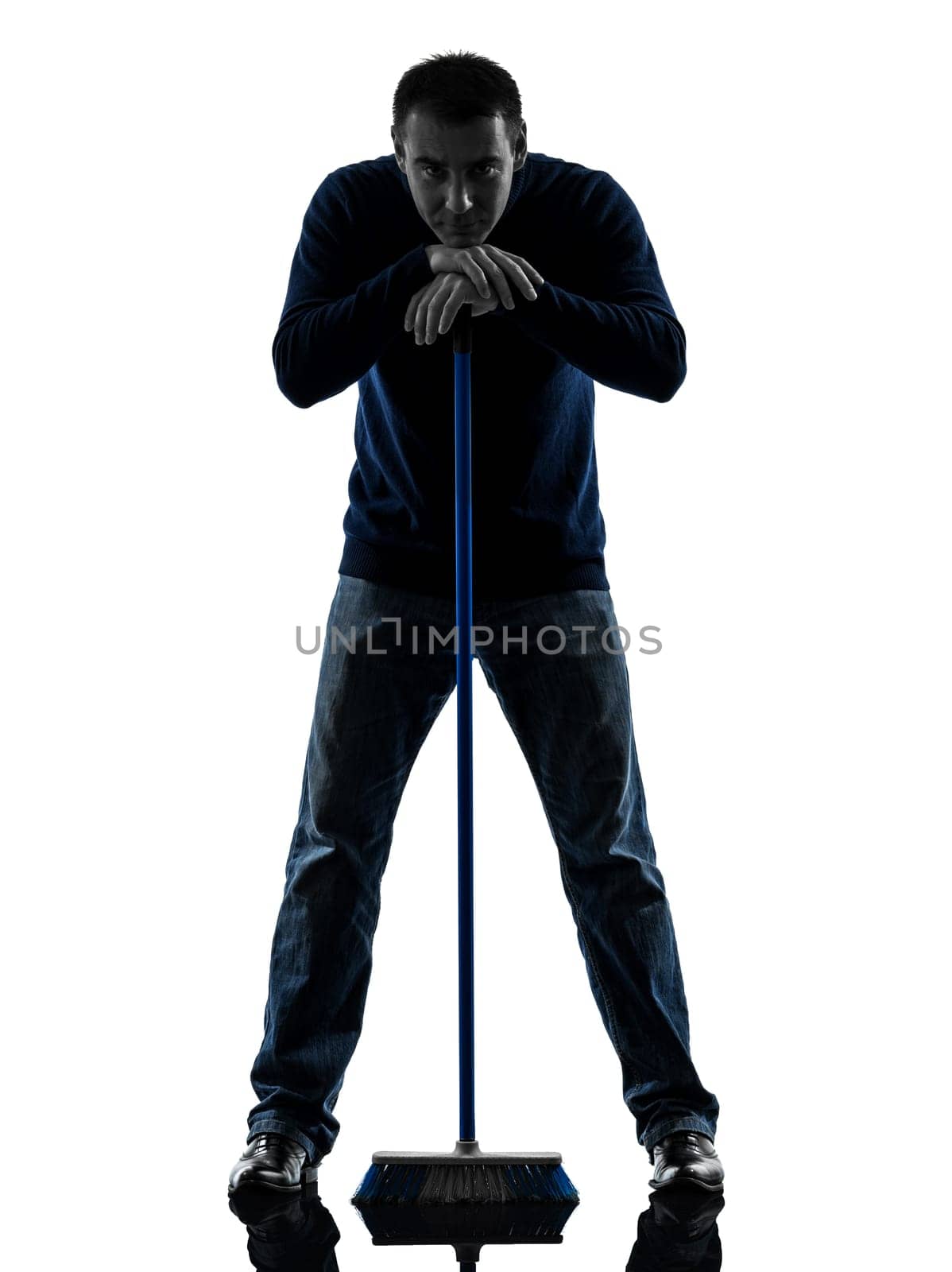 one causasian man janitor brooming cleaner boredom full length in silhouette studio isolated on white background