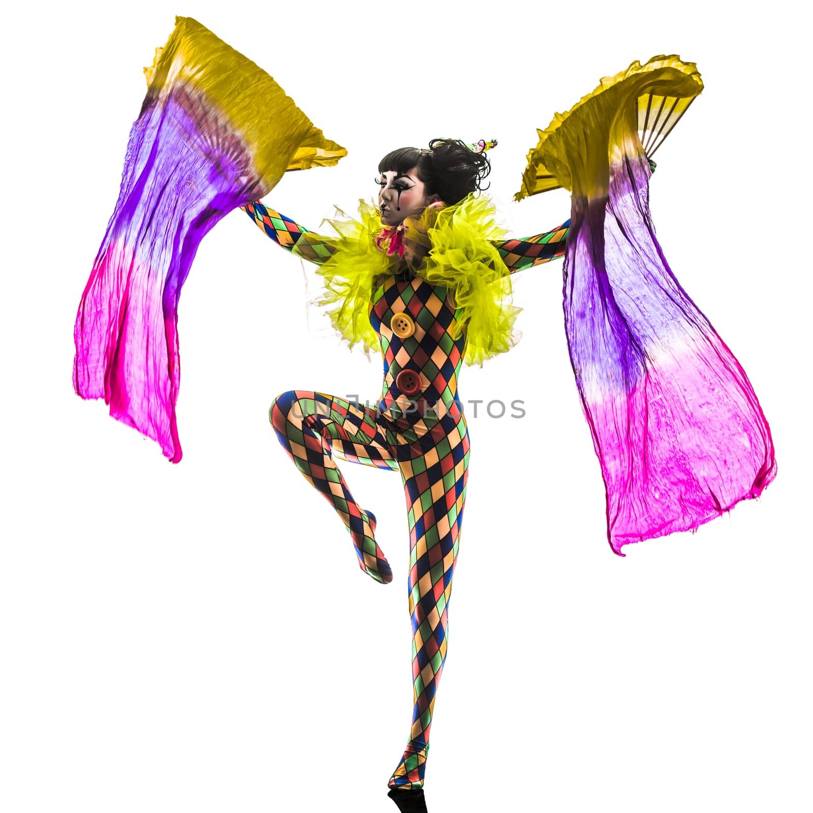 one caucasian woman harlequin circus dancer performer  in silhouette studio isolated on white background