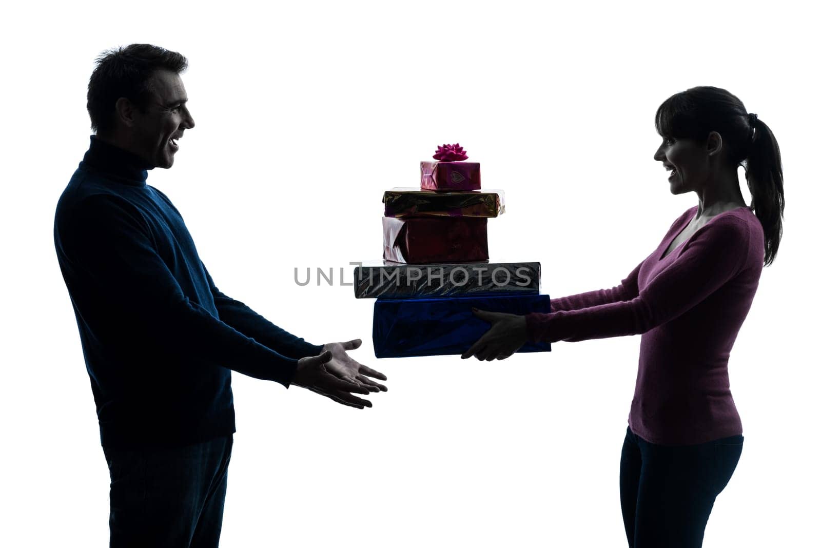 one caucasian couple woman man lovers kissing    in silhouette studio isolated on white background