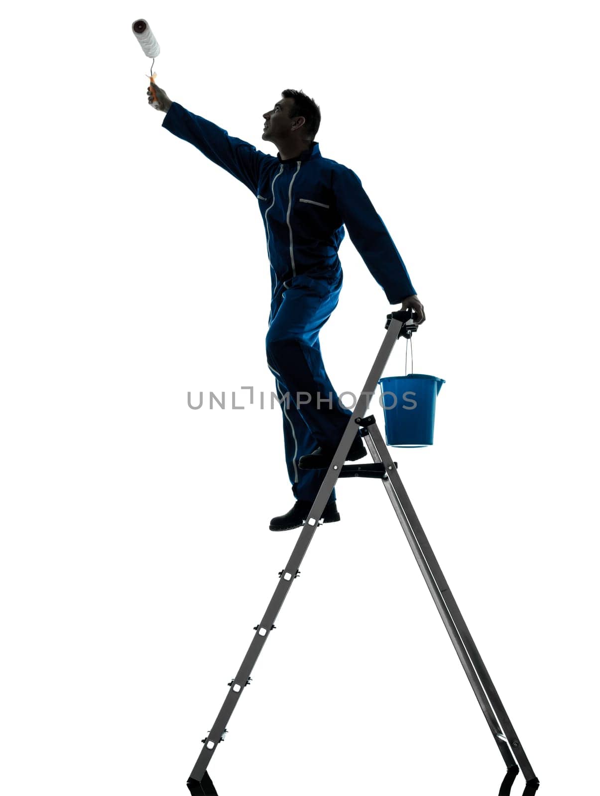one caucasian man construction worker pointing showing silhouette portrait in studio on white background