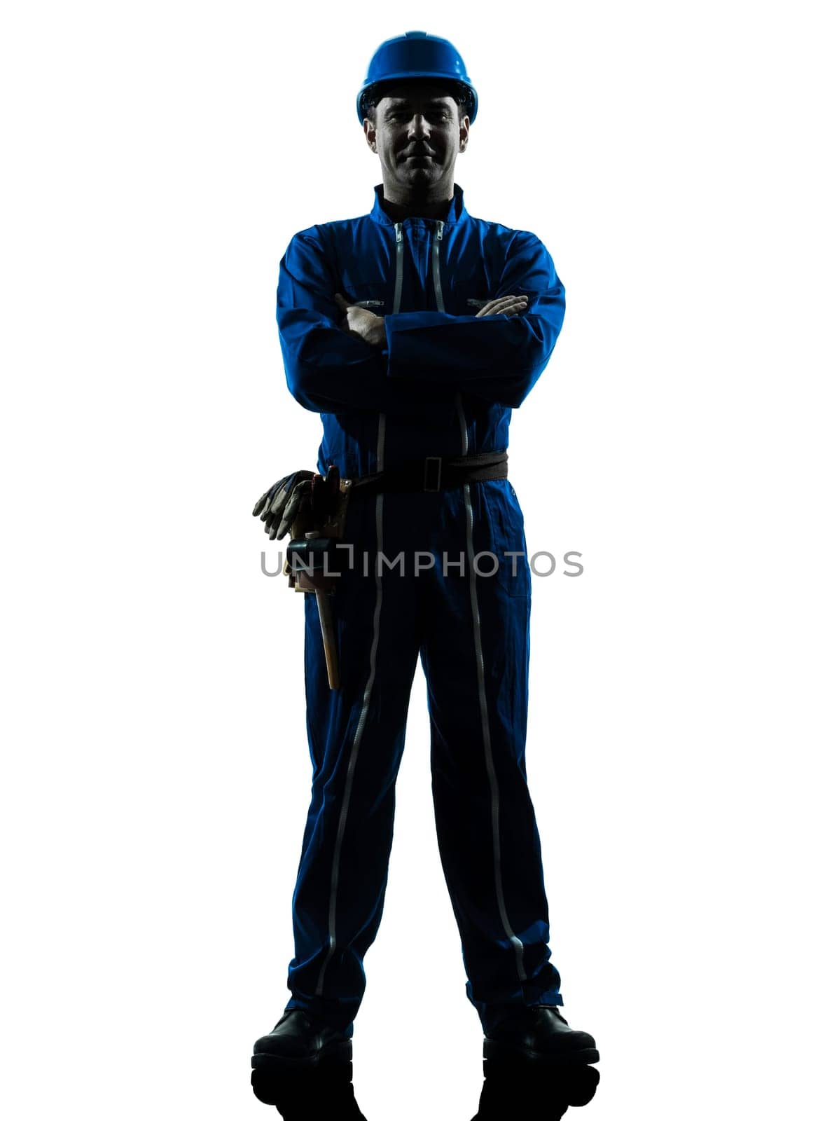 one caucasian man construction worker pointing showing silhouette portrait in studio on white background
