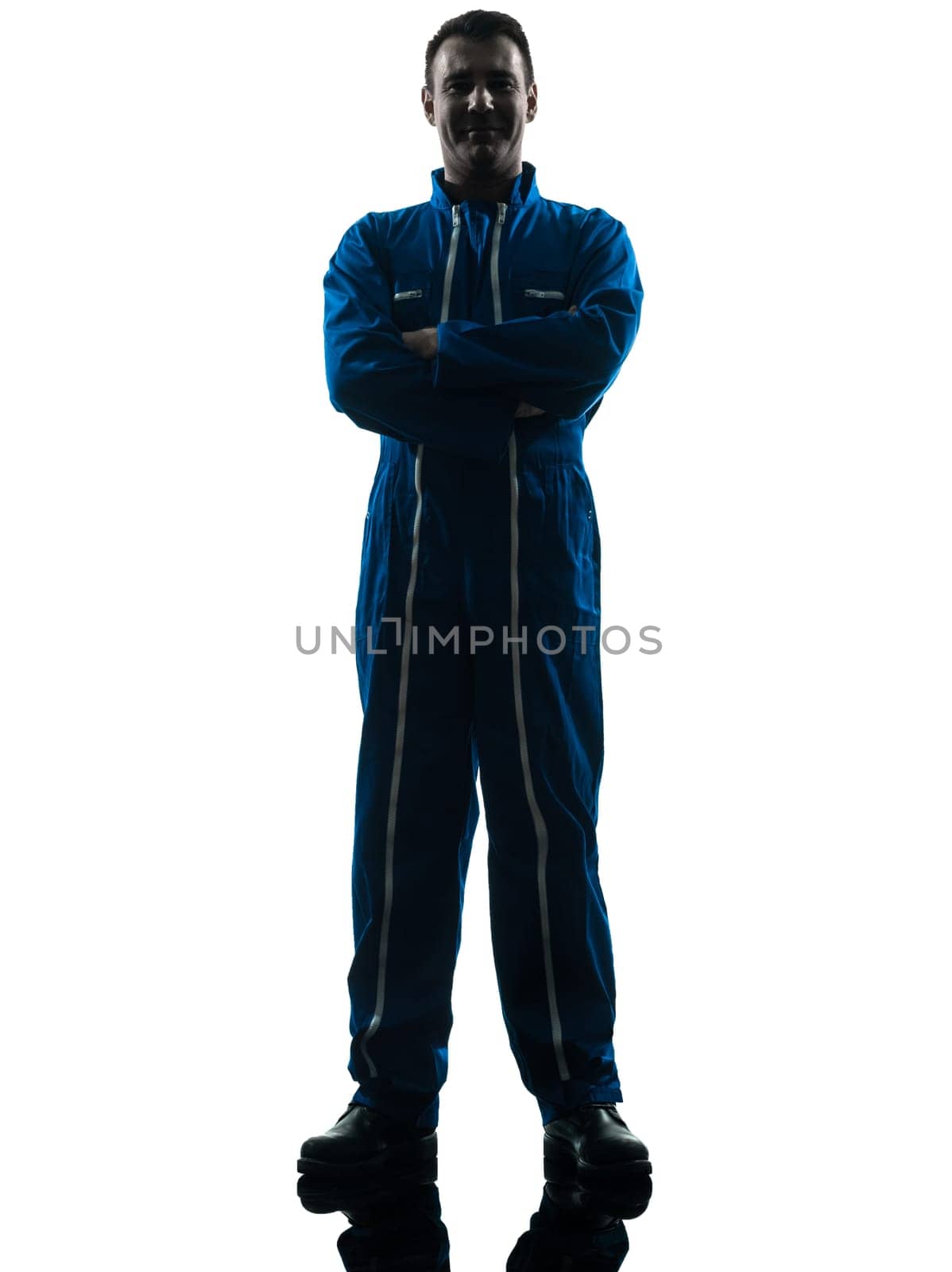 one caucasian man construction worker pointing showing silhouette portrait in studio on white background