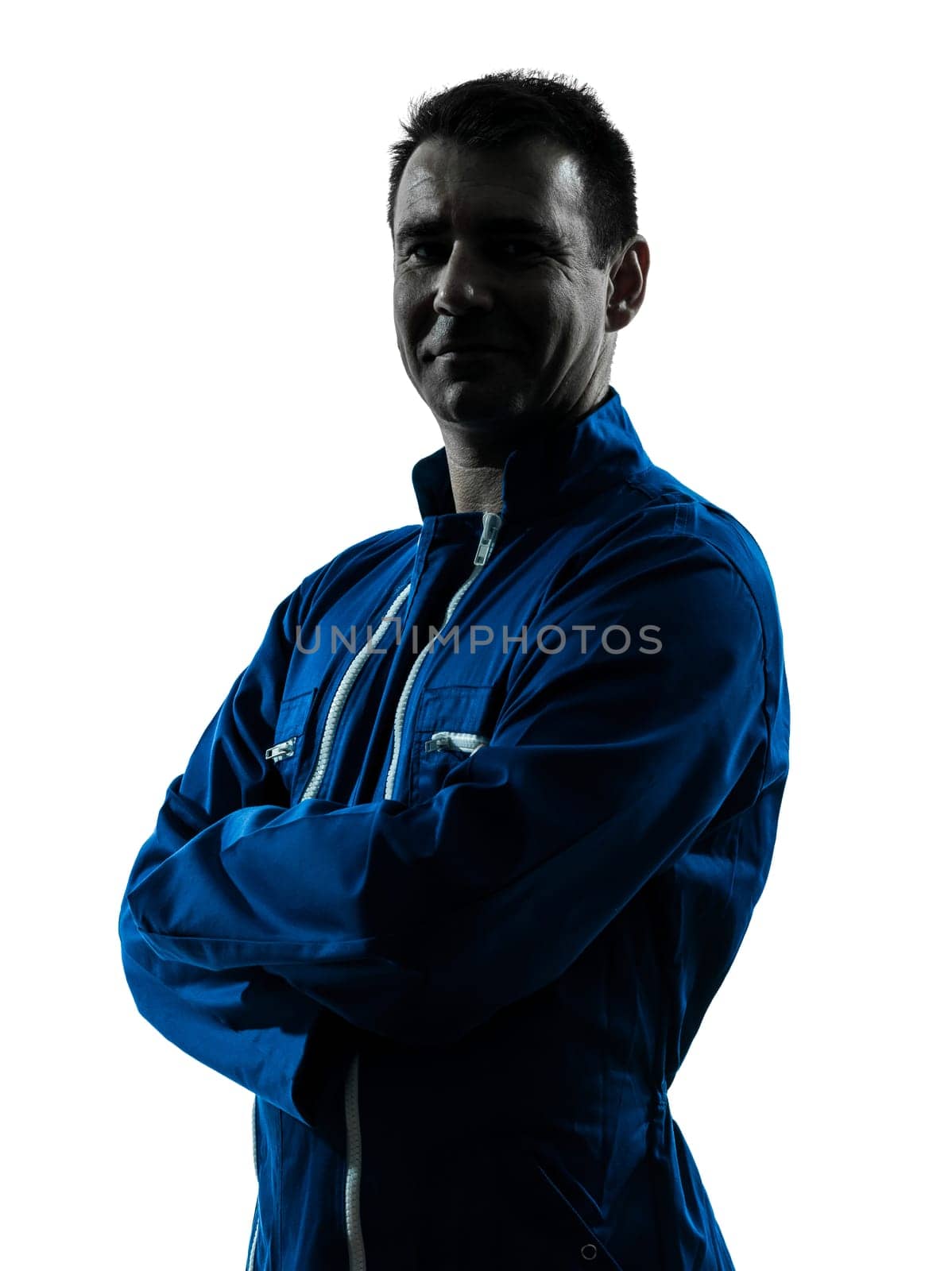 one caucasian man construction worker pointing showing silhouette portrait in studio on white background