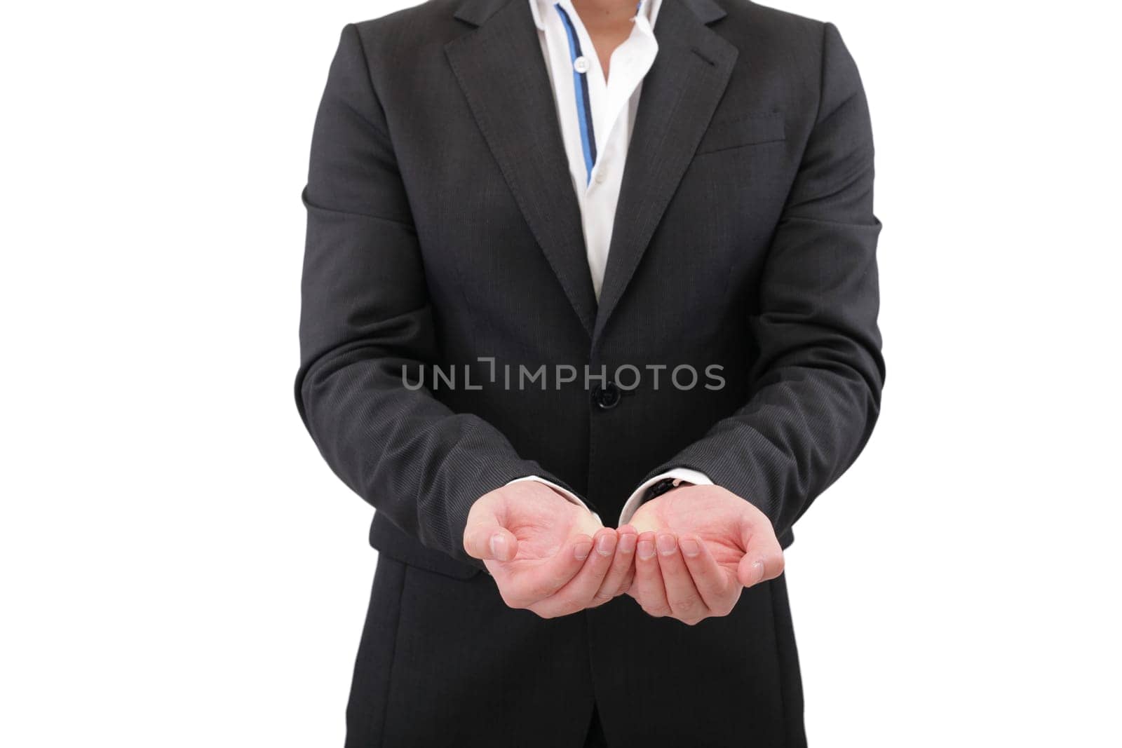 Holding, giving, receiving or showing hand sign isolated on white background