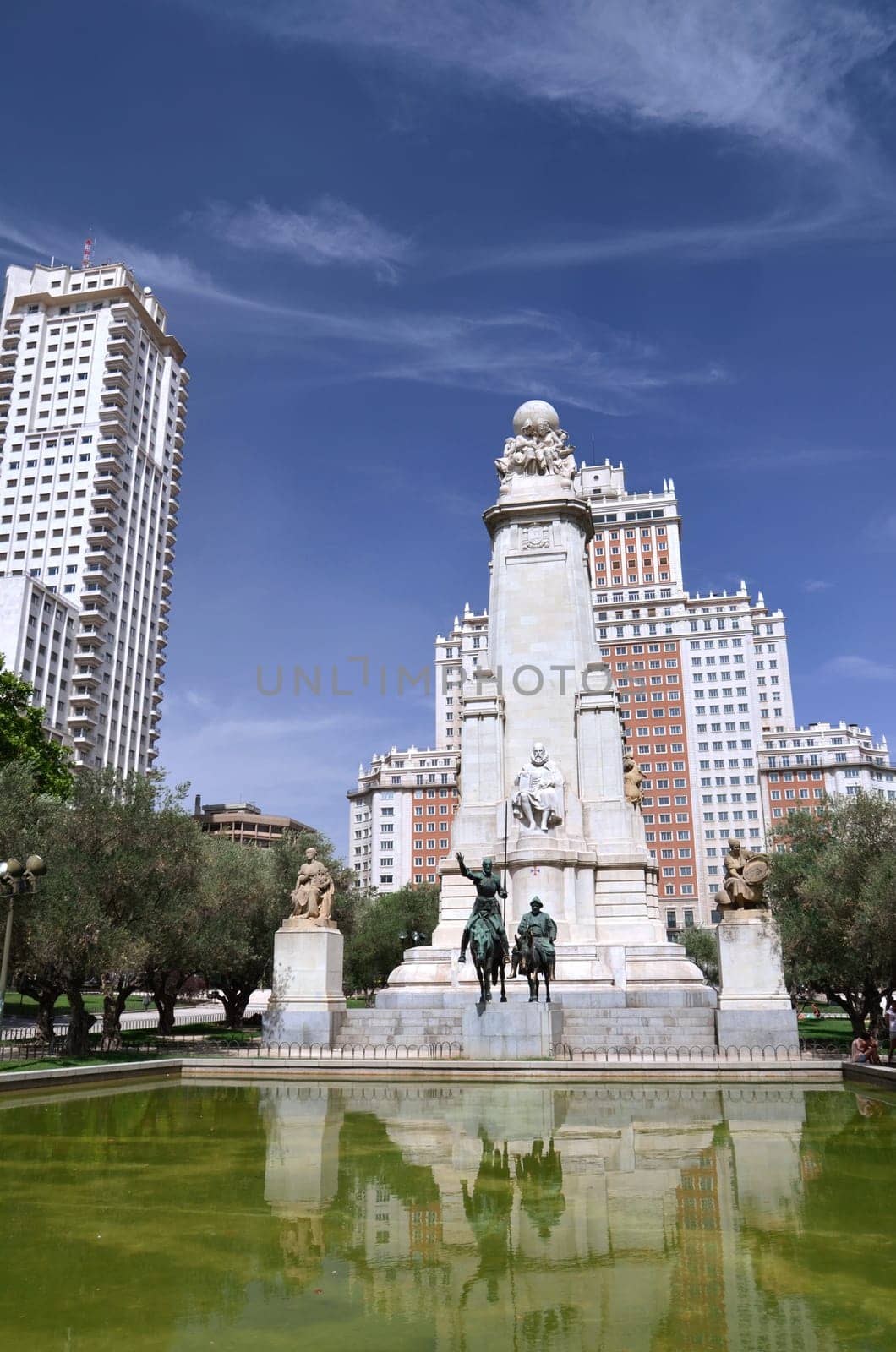 The monument of Miguel Cervantes on Plaza de Espana in Madrid, Spain