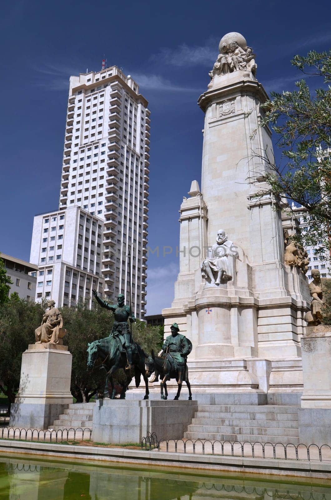 The monument of Miguel Cervantes on Plaza de Espana in Madrid, Spain