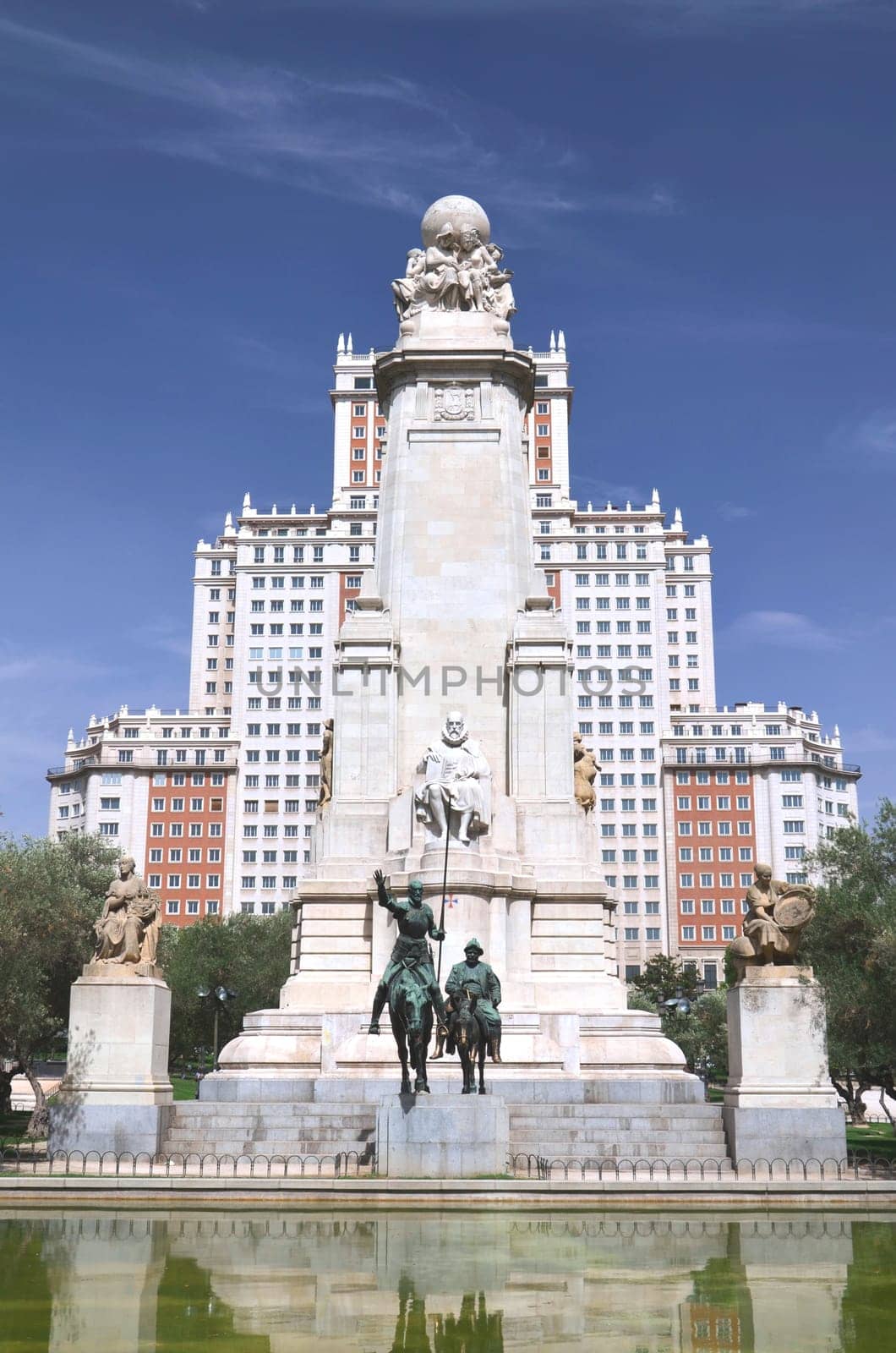 The monument of Miguel Cervantes on Plaza de Espana in Madrid, Spain