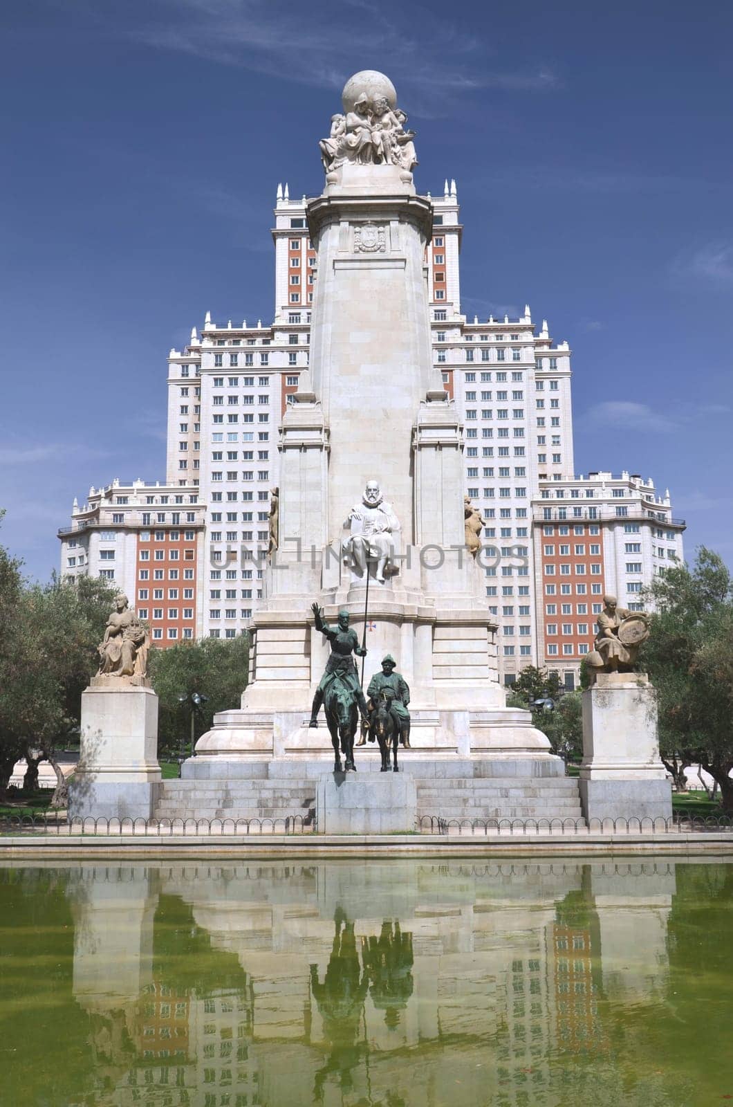 The monument of Miguel Cervantes on Plaza de Espana in Madrid, Spain