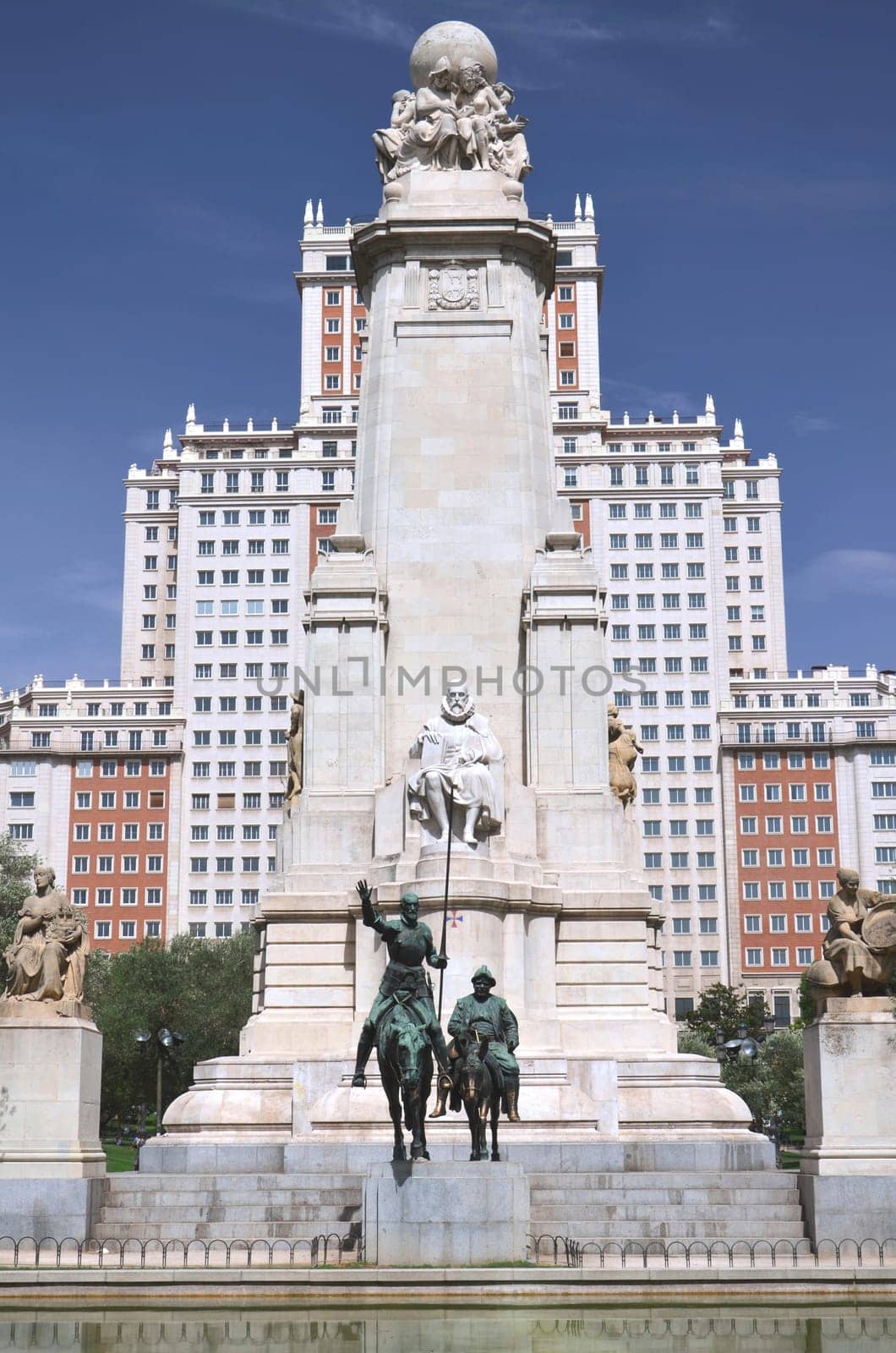 The monument of Miguel Cervantes on Plaza de Espana in Madrid, Spain