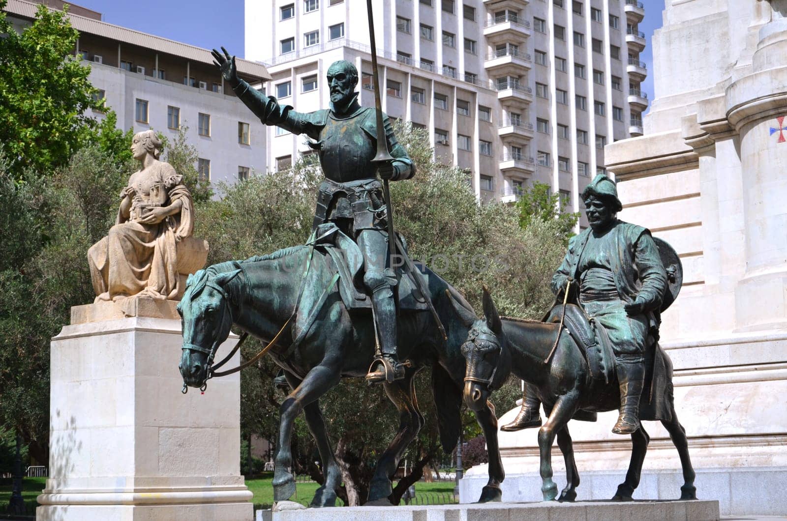 The monument of Miguel Cervantes on Plaza de Espana in Madrid, Spain