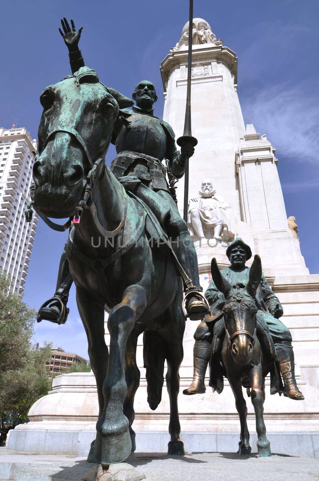 The monument of Miguel Cervantes on Plaza de Espana in Madrid, Spain