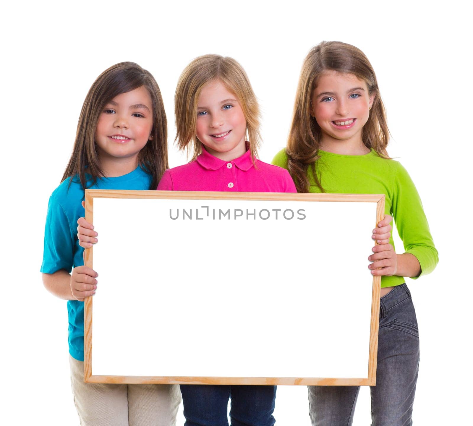 children group kid girls holding blank white board copy space