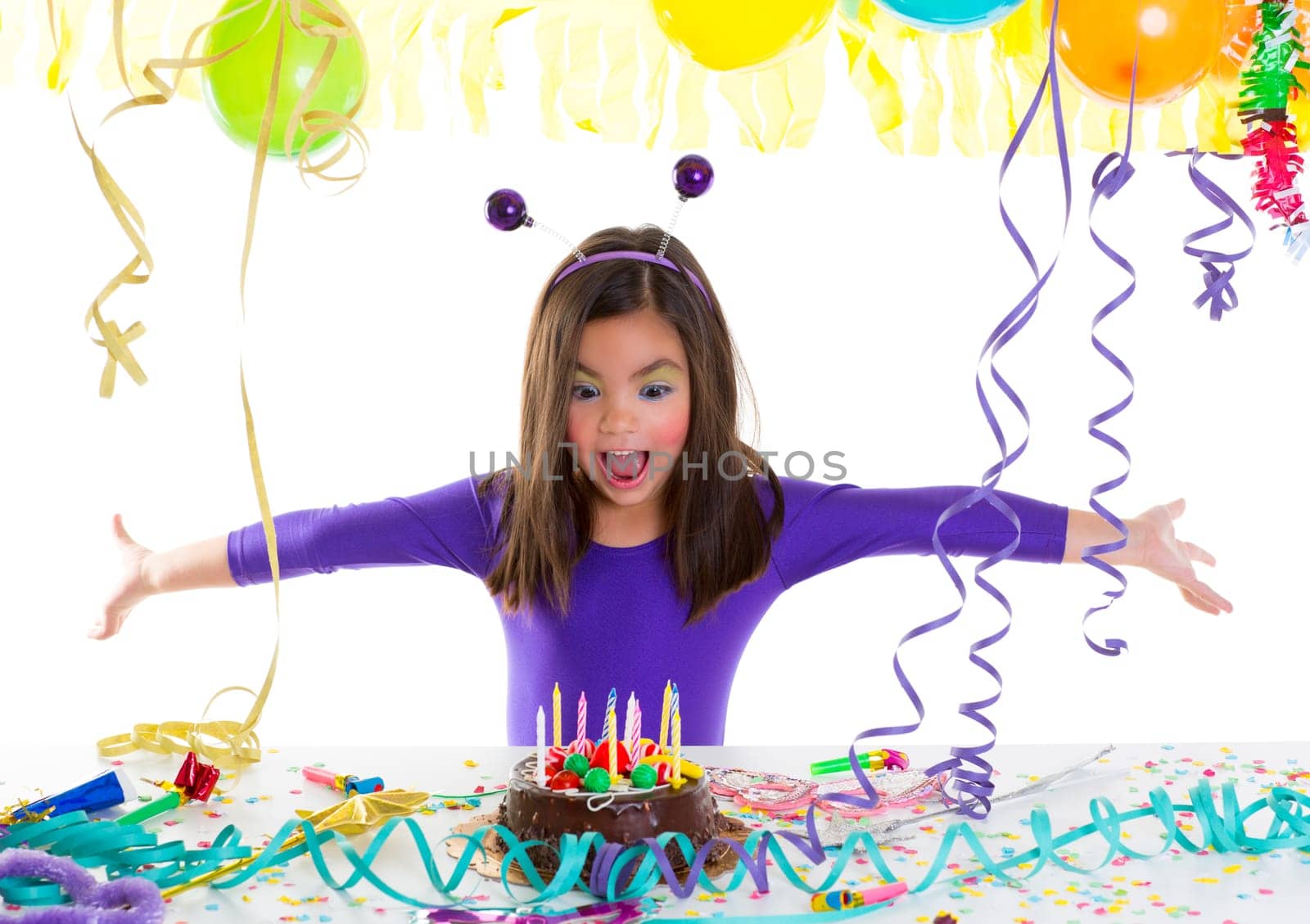 asian child kid girl in birthday party happy gesture and chocolate cake