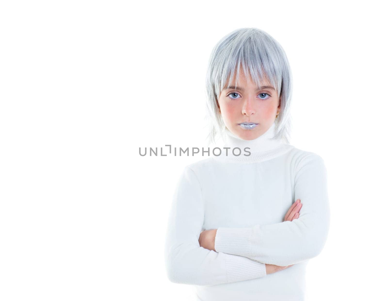 beautiful futuristic kid girl futuristic child with gray hair crossed arms in white