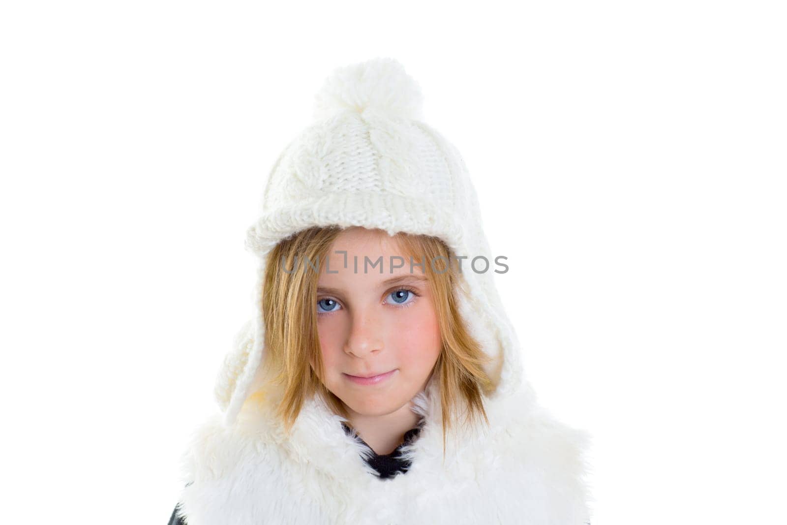 child happy blond kid girl portrait winter wool white cap smiling happy