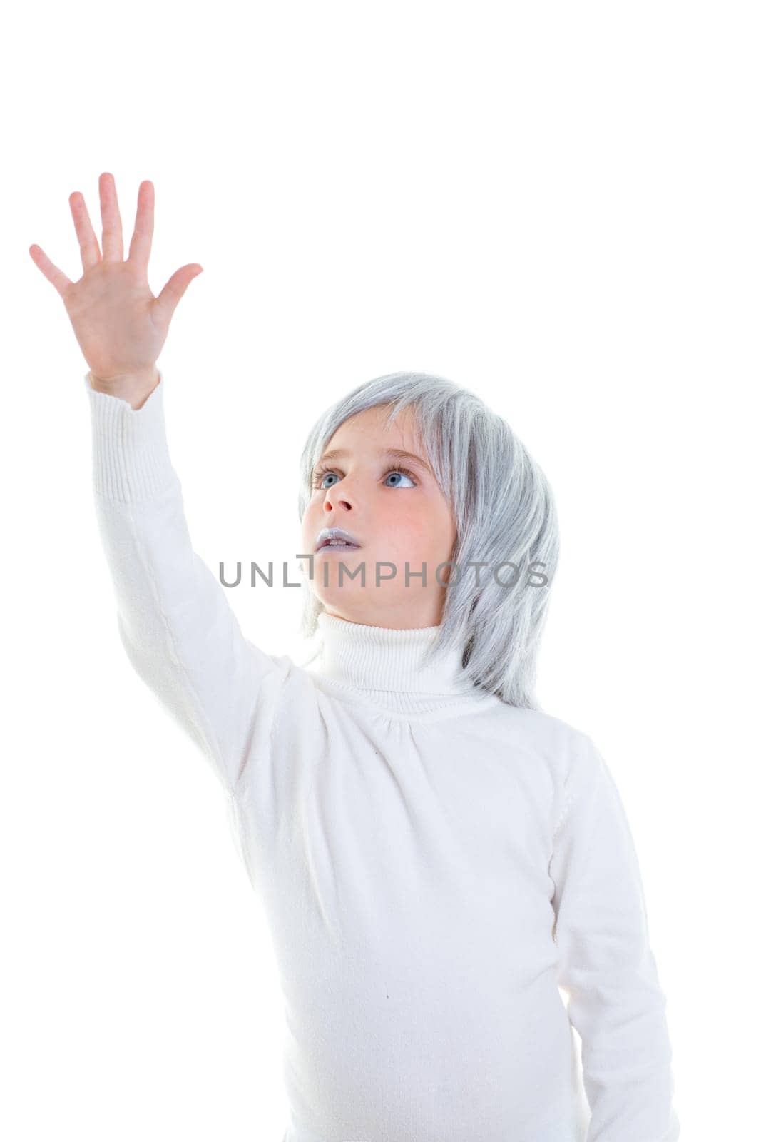beautiful futuristic kid girl futuristic child with gray hair open hand in white