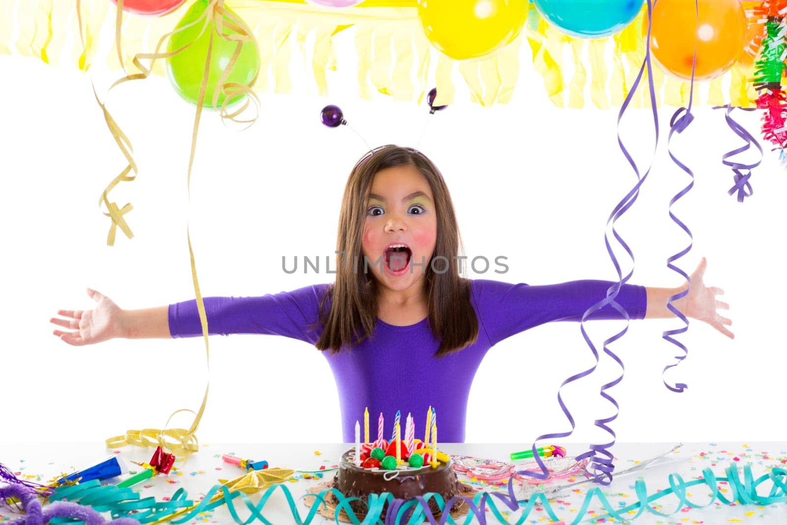 asian child kid girl in birthday party happy gesture and chocolate cake