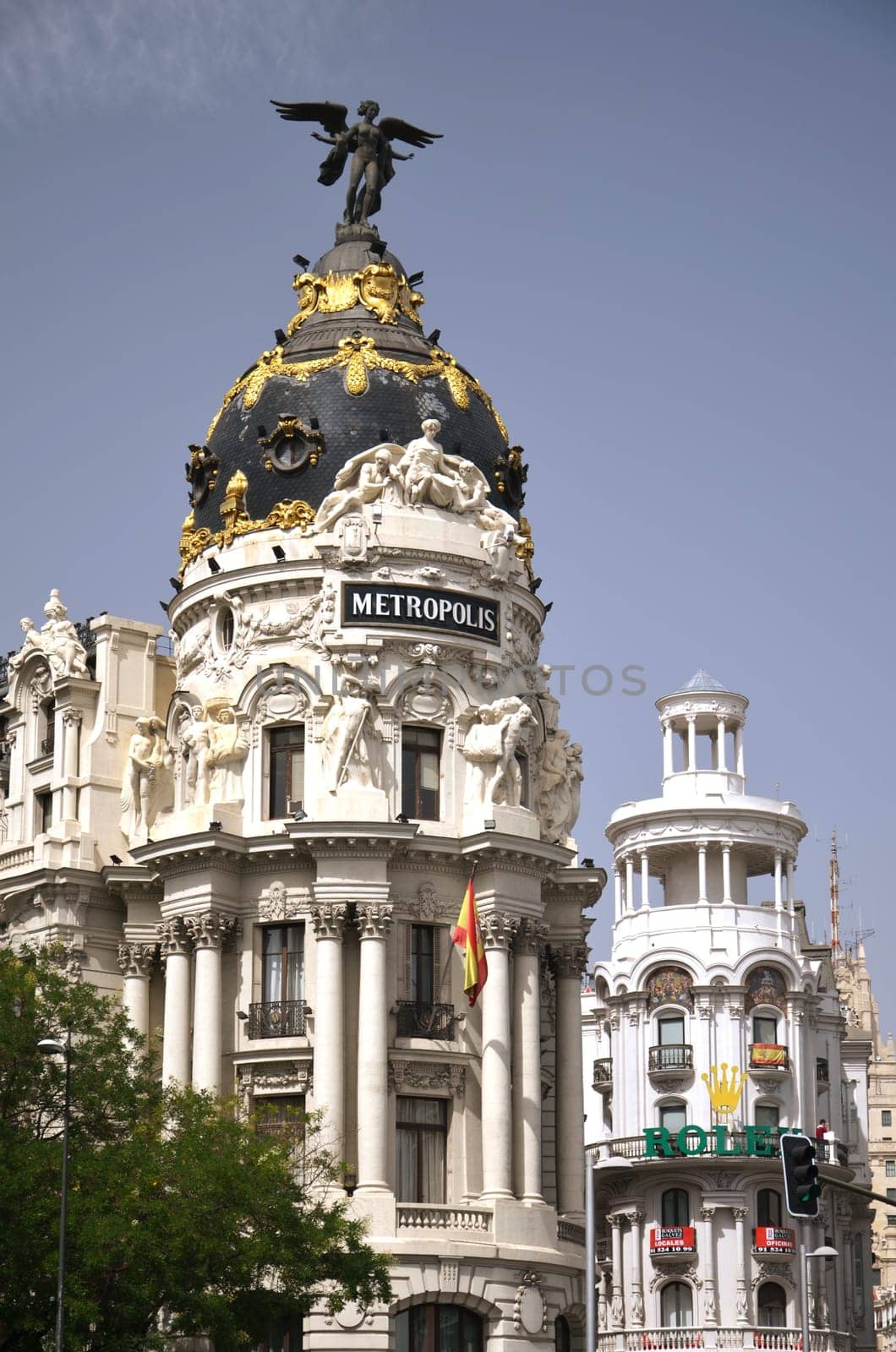 Metropolis building on Gran Via street in Madrid, Spain.