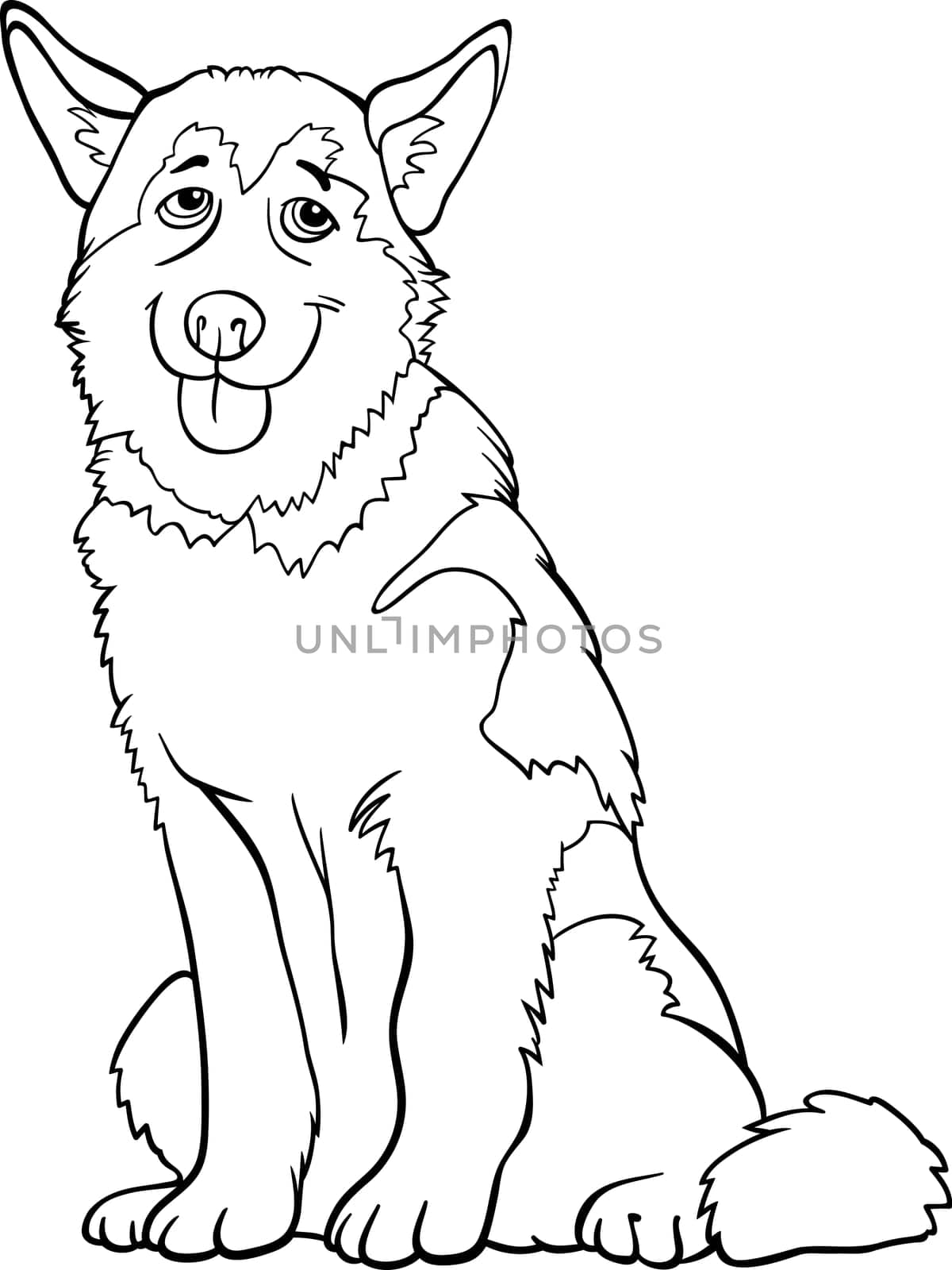 Black and White Cartoon Illustration of Funny Siberian Husky or Alaskan Malamute Dog for Coloring Book