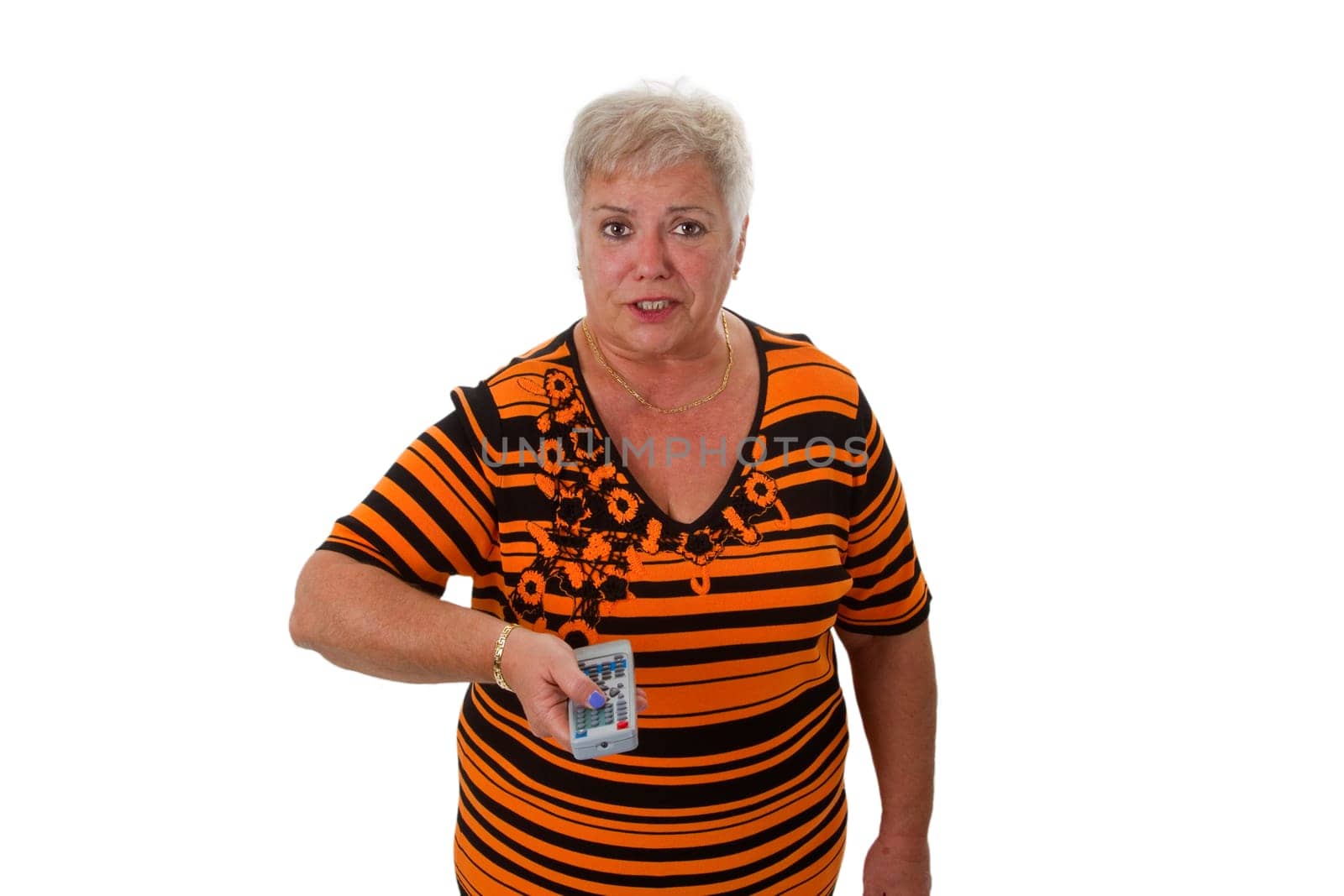 Senior woman with remote control - isolated on white background