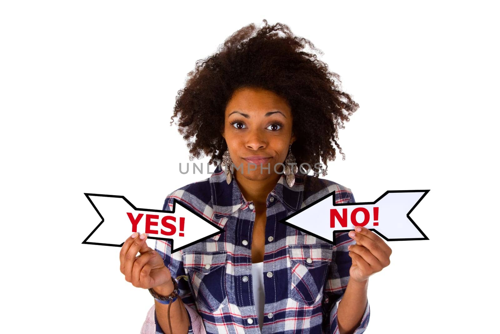 Young woman holding arrows isolated on white background