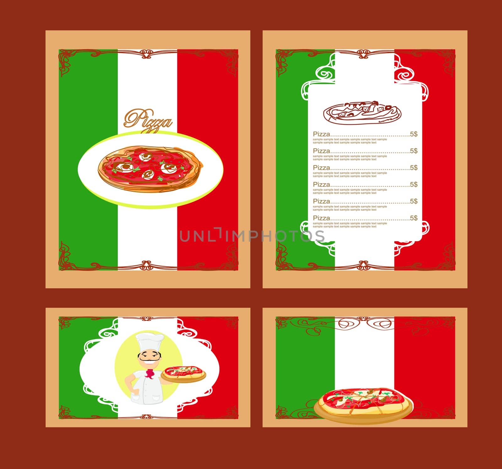 chef with pizza - menu restaurant set