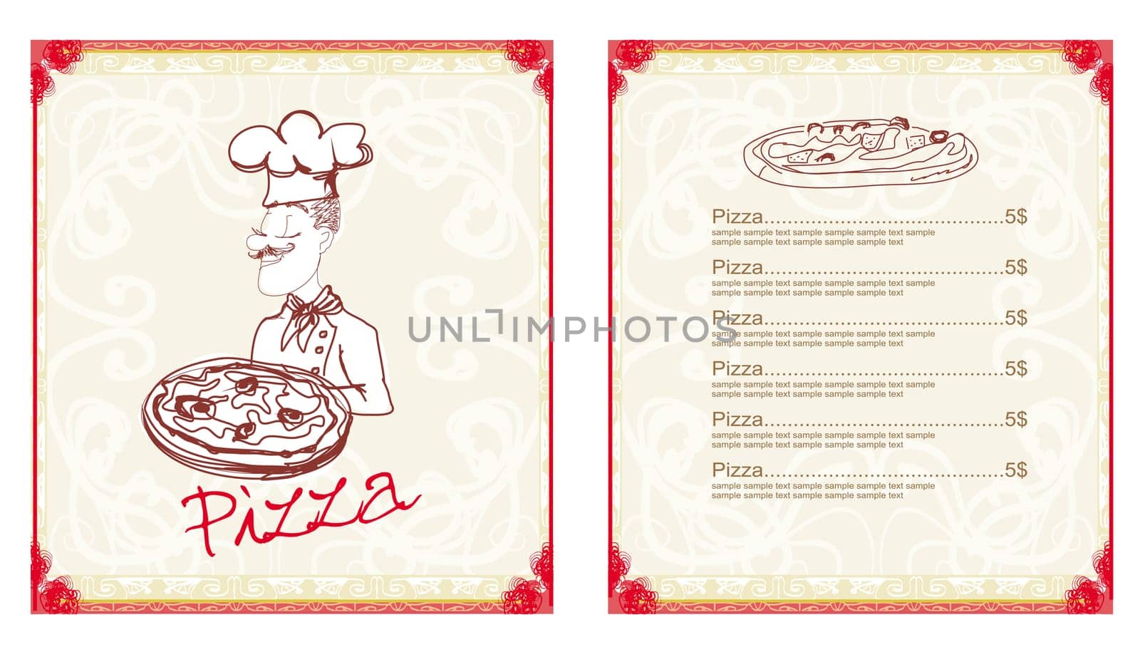 chef with pizza - menu restaurant set