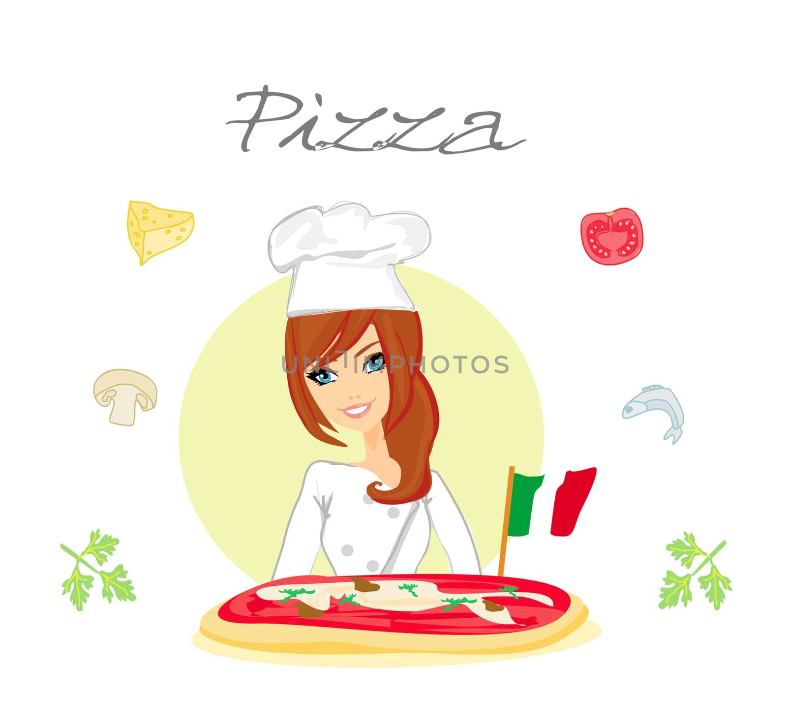 beautiful woman chef enjoys pizza