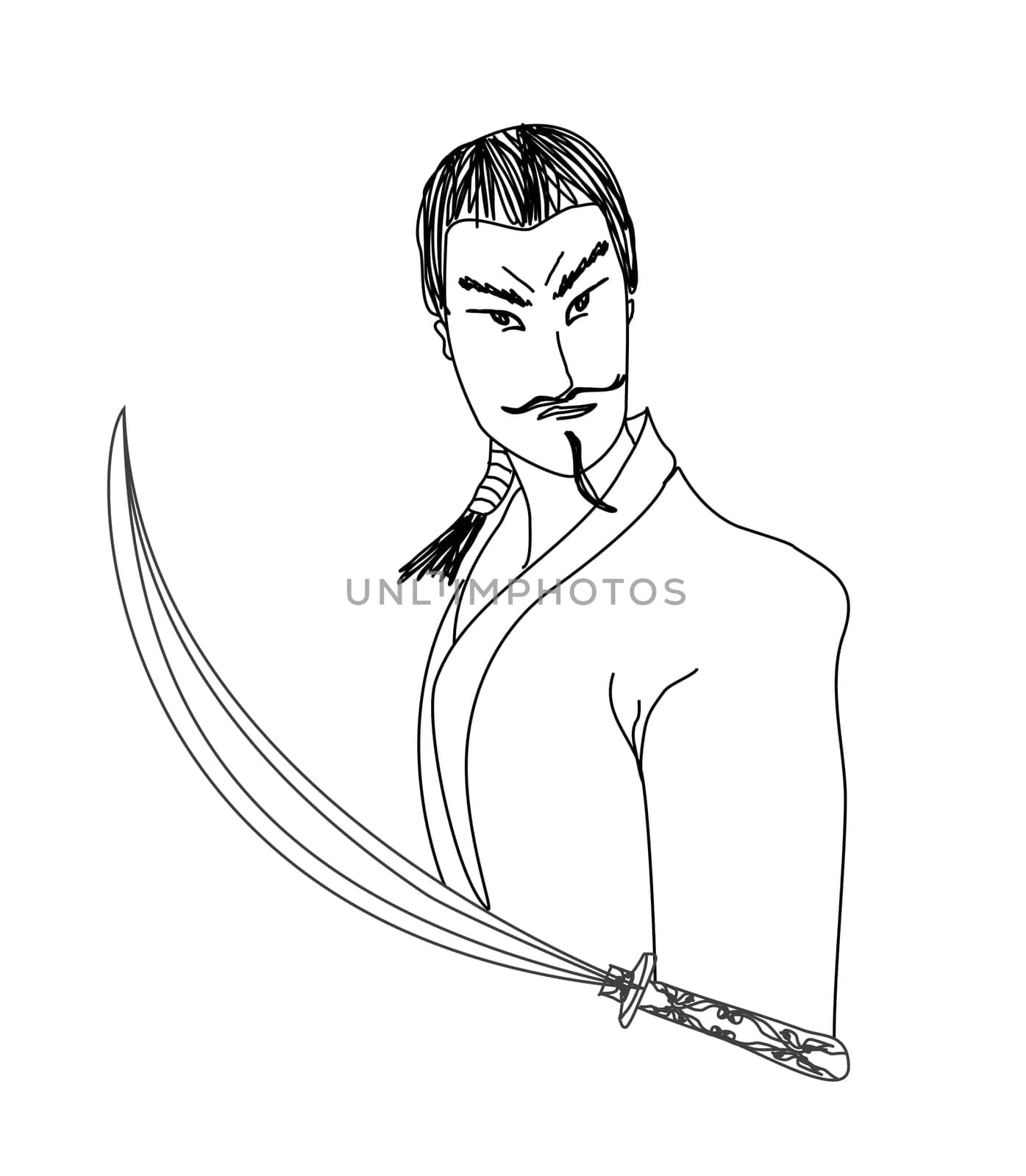 samurai portrait with swords - doodle illustration