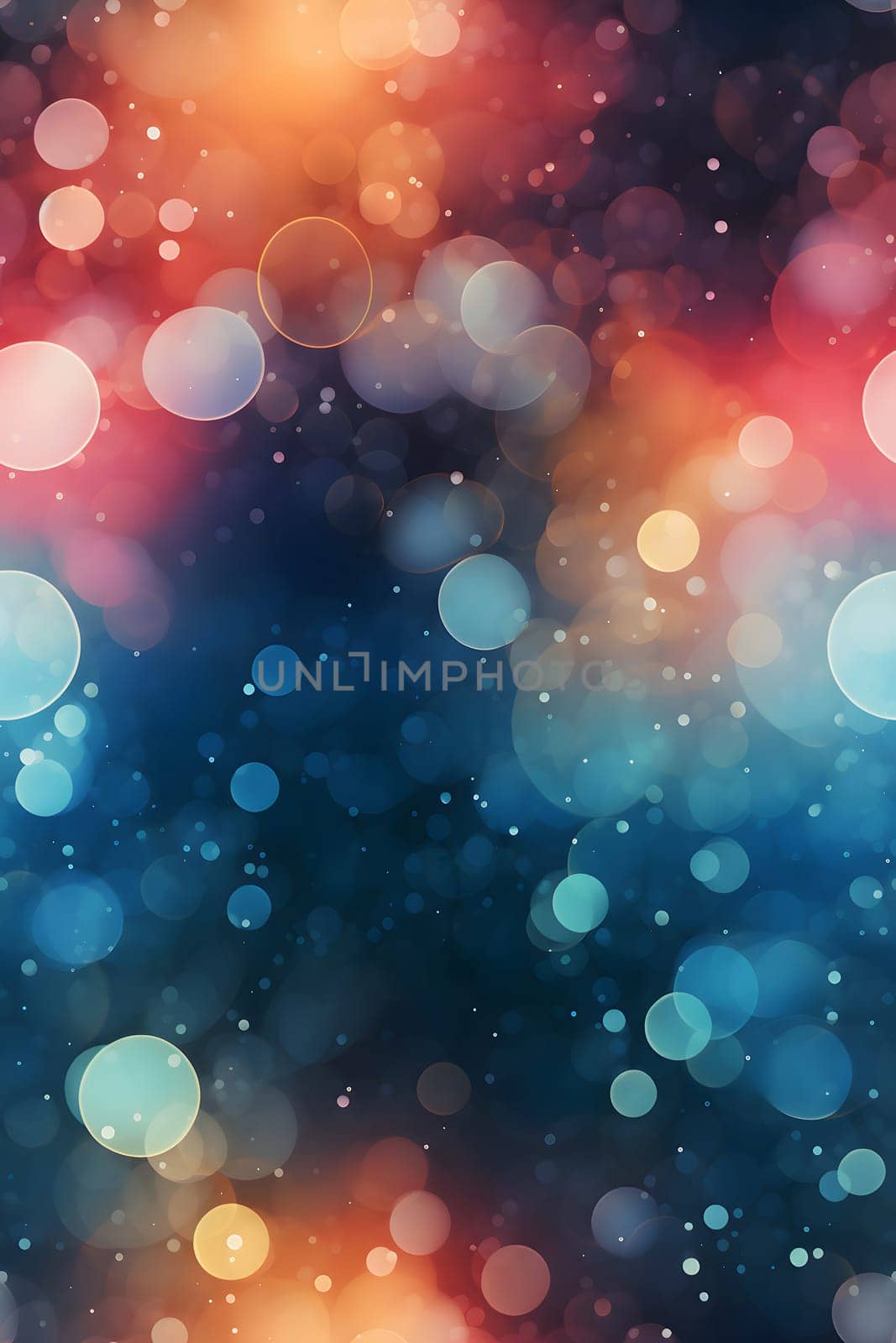 Abstract seamless texture, background and wallpaper of bokeh circles, flying microscopic dust particles in contrast color scheme. Neural network generated image. Not based on any actual person or scene.